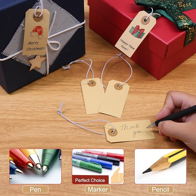 Manila Paper Tags with Elastic String - Coideal 200 Pcs Small Hang Price Tags Attached Reinforced Hole, Blank Marking Shipping Tags Label for Hanging Gift Clothing Jewelry (2 3/4" x 1 3/8")