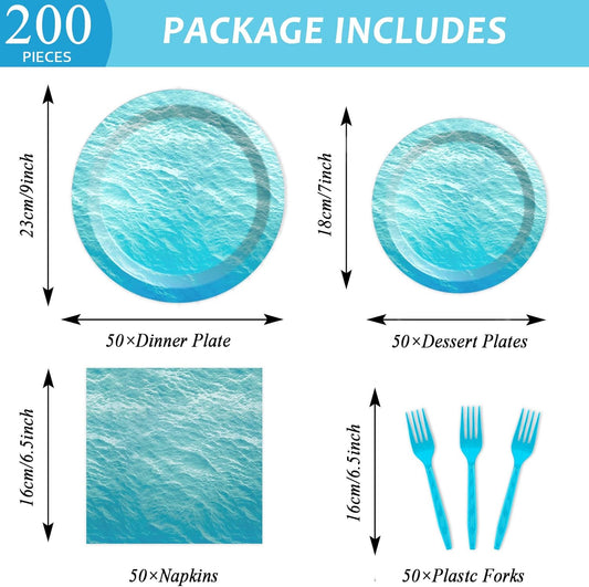 200 PCS Ocean Themed Paper Plates and Napkins Under the Sea Party Decorations Sea Waves Birthday Dessert Plates Supplies Tableware Set for Men Women Boy Girl Birthday Baby Shower Serve 50 Guests