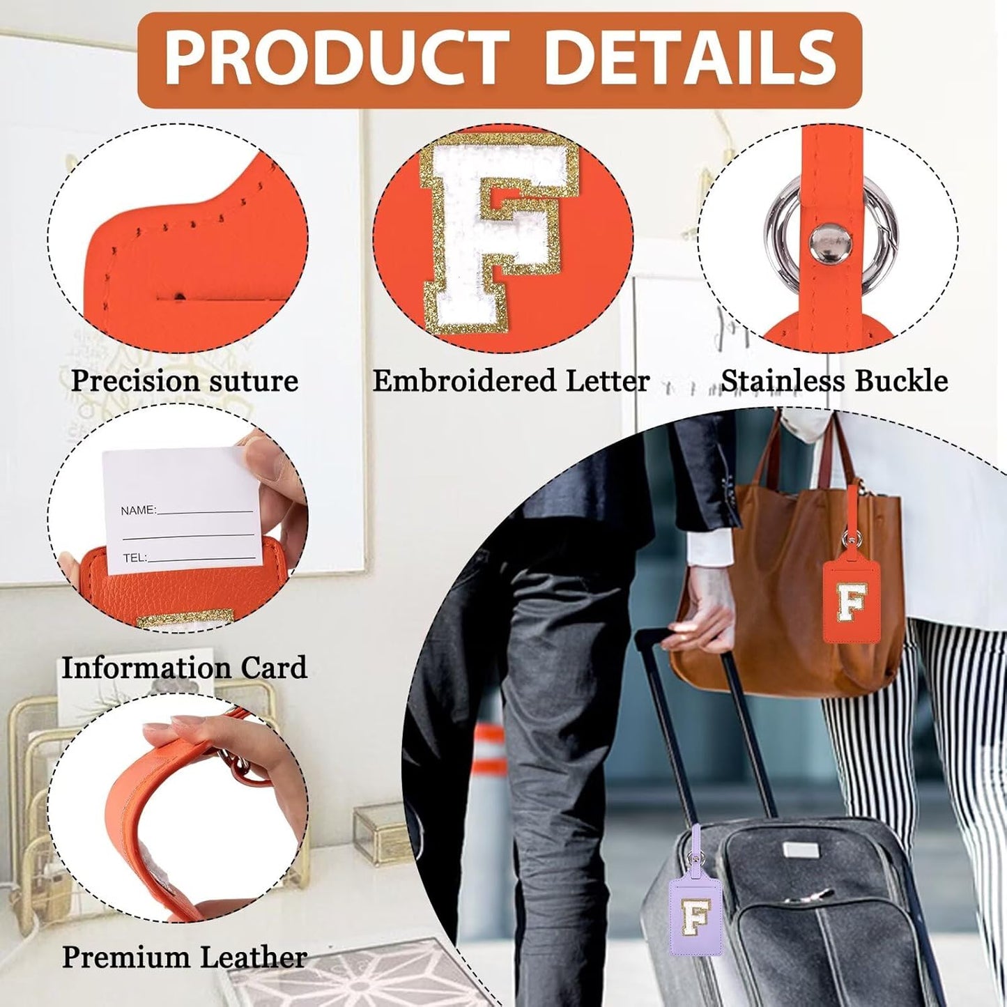 Personalized Initial Luggage Tags for Suitcases, Leather Chenille Letter Cute Luggage Tags with Privacy Name Card, Embroidered Travel Bag Backpack Tags Gifts for Women Kids Girls Teens(Orange-F)