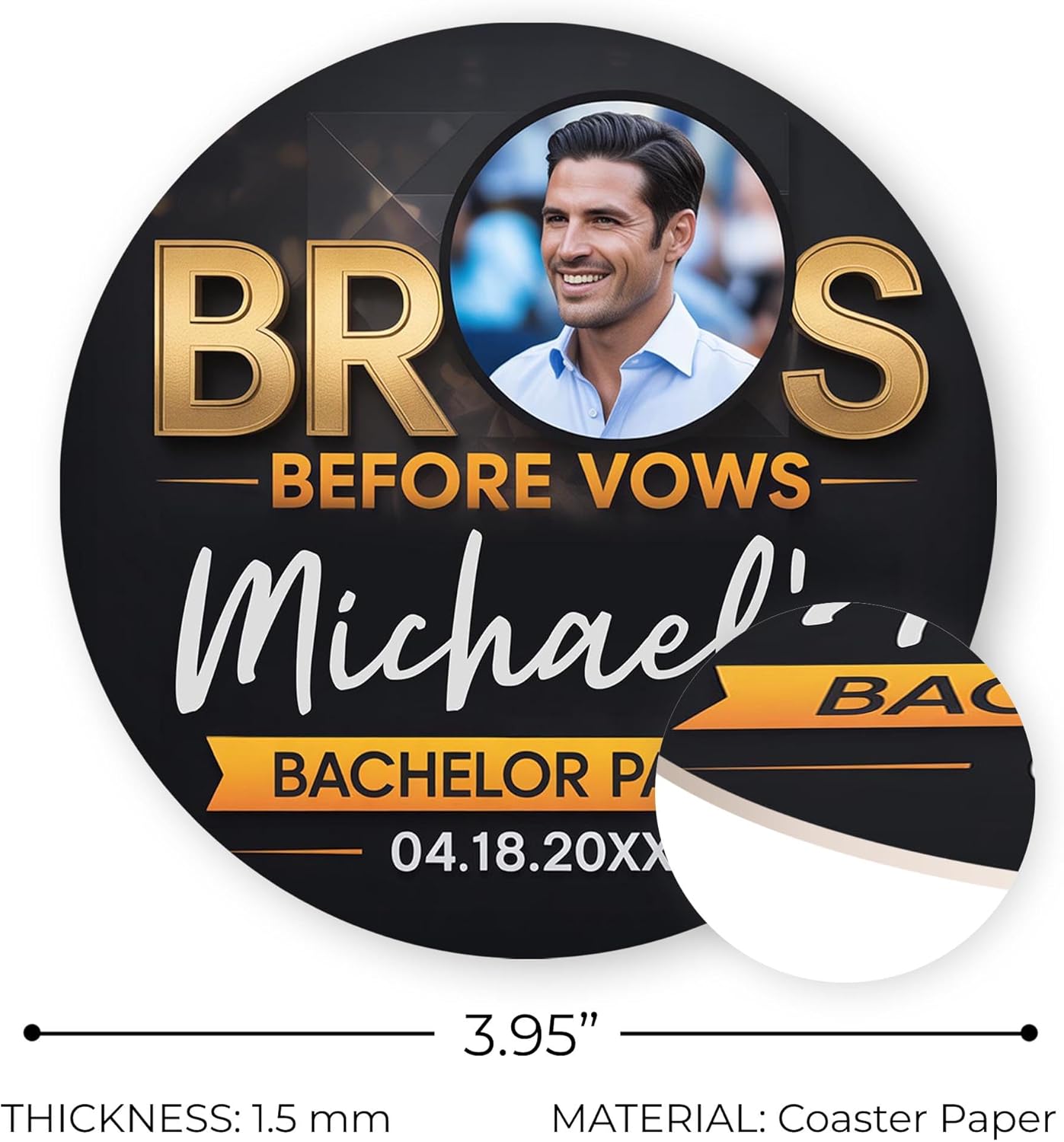 60 Pack Personalized Bachelor Party Coasters, Custom Cardboard Drink Coasters with Photo Print and Text, Fun Bachelor Party Favors and Gifts, 3.95" Round, Design 1