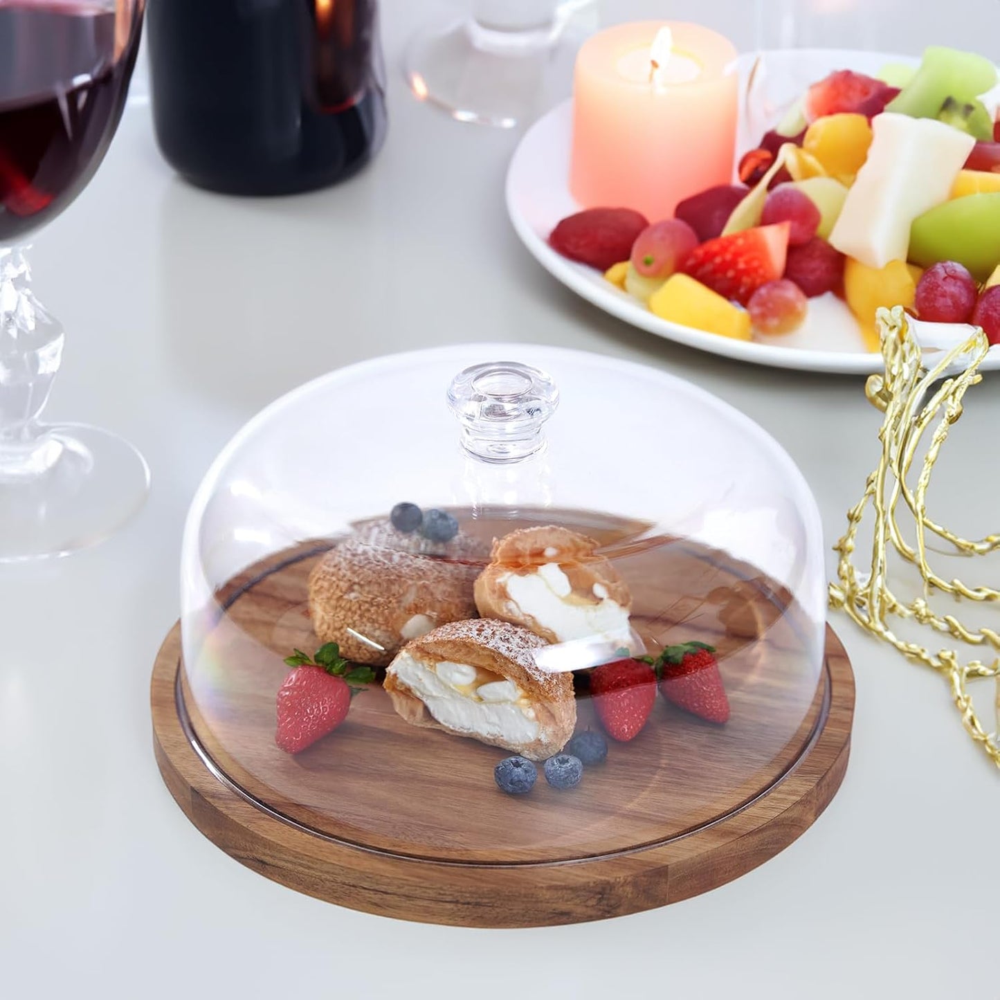 Cake Stand with Lid, Acacia Wood 12in Round Cake Holder, 2-in-1 Dessert Table Display Set & Charcuterie Board for Cheese, Chips & Dips, Nachos, Fruit Platter, Large Acrylic Cake Dome Cover