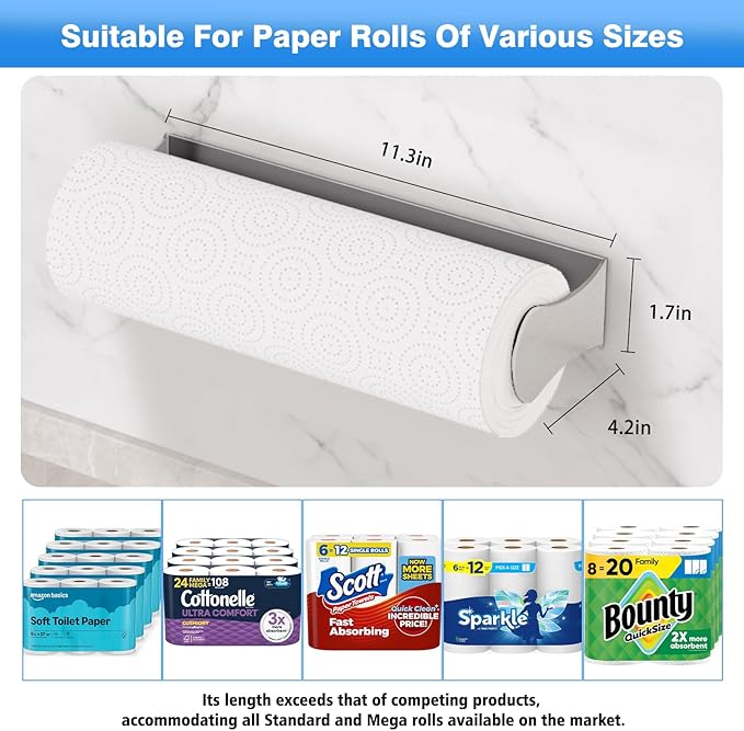 Paper Towel Holder Under Cabinet, Stainless Steel, Silver, Adhesive & Wall Mount, Under Counter Paper Towel Rack for Kitchen and Bathroom, Home and Kitchen Decor