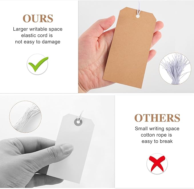 100pcs Brown Paper Shipping Tags with Elastic Rope Large Marking Hanging Paper Tags Attached Reinforced Hole Writable Price Tag Inventory Gift Tag 4.76'' x 2.36''