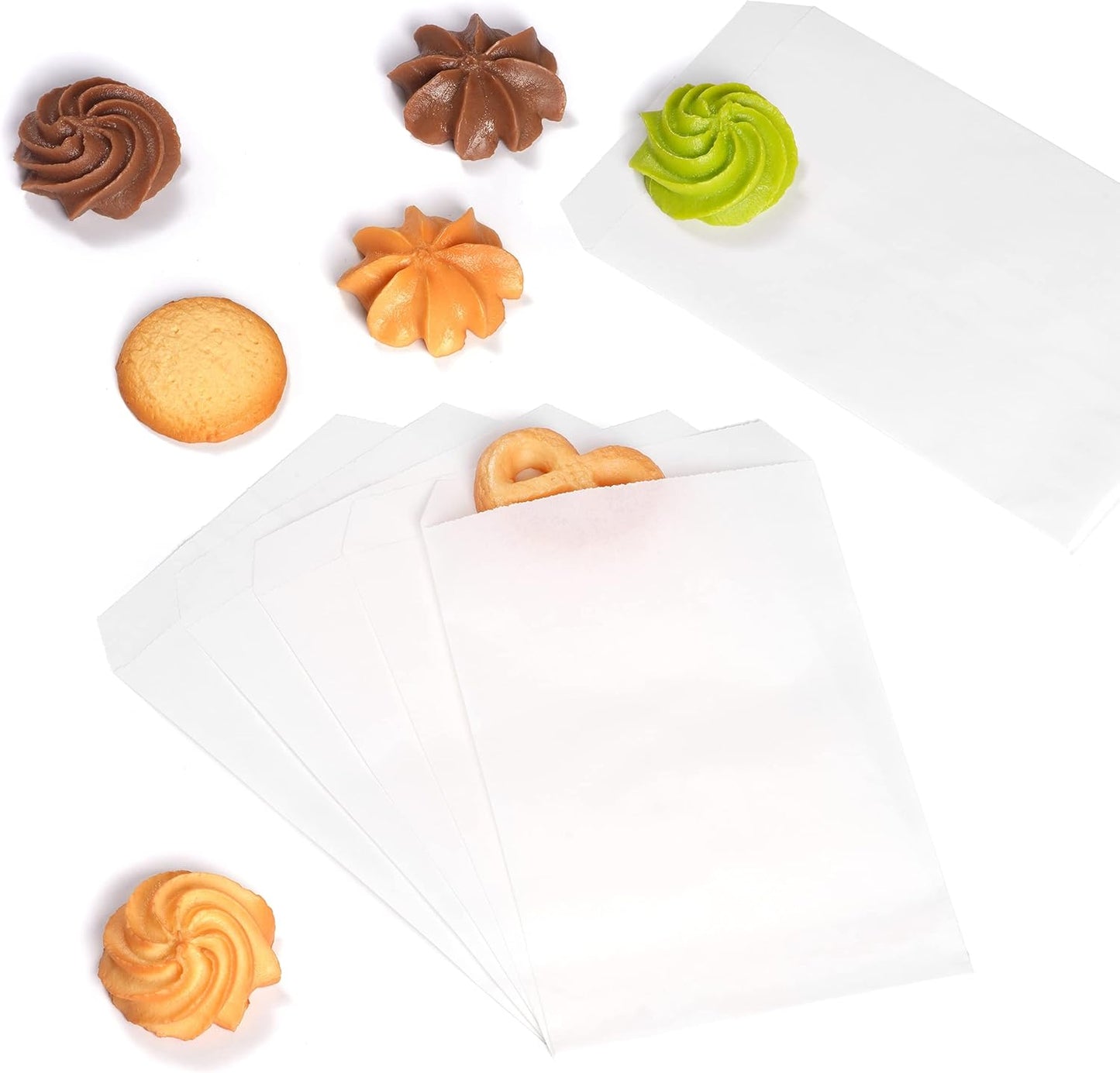 Quotidian White Flat Medium Greaseproof Kraft Paper Bags 4" x 6" (10 x 15.2cm) Pack of 100 - Bakery Cookies Candies Dessert Invitation