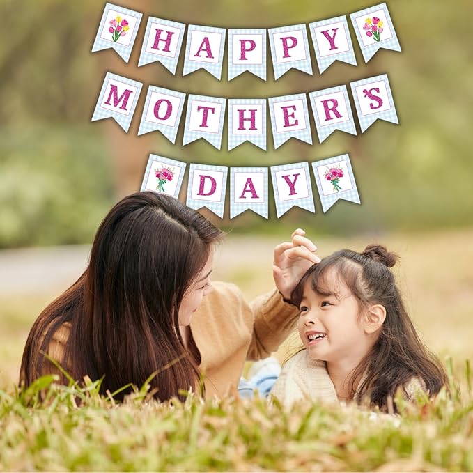 Happy Mother's Day Banner Set Decoration for Mother's Day Party Decorations Backdrop Garland for Mom Glitter Garland Photo Props (Blue Tulip)