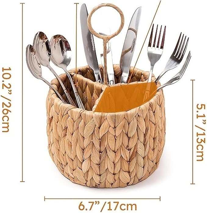 Wicker Flatware Organizer Kitchen Utensil Organizer Woven with Handle Cutlery Holder Divided Utensil Holder for Party Spoons