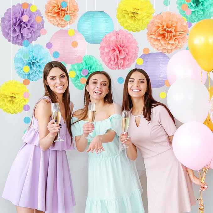 14 Pcs Pastel Party Decorations Kit - Macaron Tissue Paper Pom Poms, Lanterns & Polka Dot Garland for Girls Birthday, Baby Shower, Unicorn Ice Cream Donut Theme, Easter & Classroom Decor