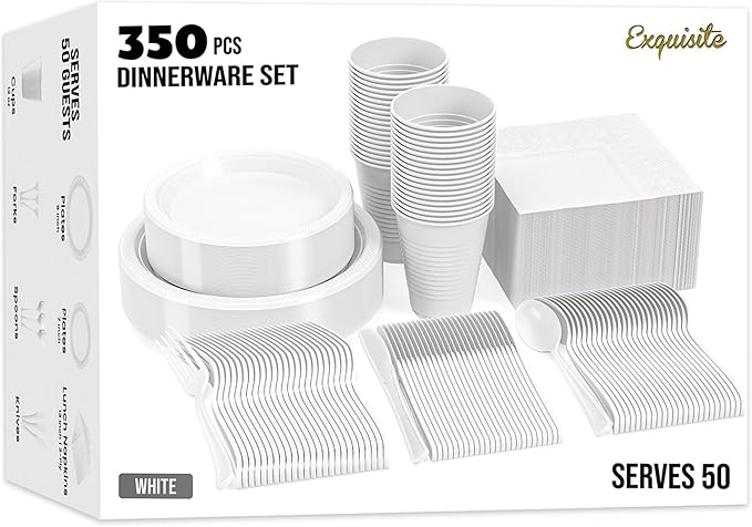 Party Solids 350 Pieces White Plastic Plates For Party, White Disposable Plates Set, 50 Of Each 9" Dinner Plate Set, 7" Dessert Plate, Cups, Napkins & Cutlery Plastic Dinnerware
