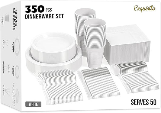 Party Solids 350 Pieces White Plastic Plates For Party, White Disposable Plates Set, 50 Of Each 9" Dinner Plate Set, 7" Dessert Plate, Cups, Napkins & Cutlery Plastic Dinnerware