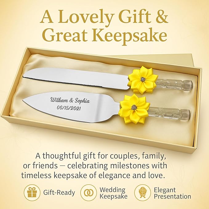 GIFTS INFINITY Personalized Wedding Cake Knife and Server Set with Engraving – Cake Cutting Utensil Set, Keepsake Gift for Wedding, Anniversary, Reception, Birthday & Other Occasions (Lime Yellow)