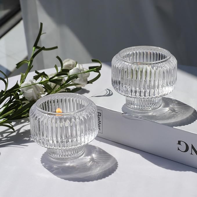 Woho Clear Taper Candle Holders Set of 8 for Taper Candles/Tea Lights Candles, Ribbed Glass Candlestick Holders for Wedding Table Centerpiece, Fluted Votive Candle Holders for Dinner Party Home Decor