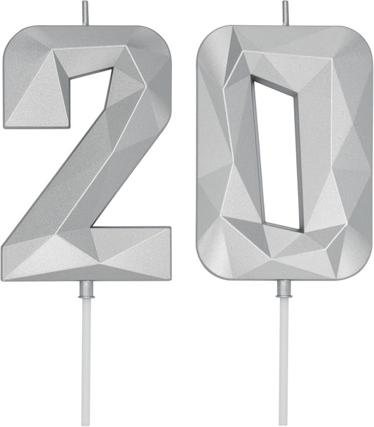 DERVENTA Birthday Candle Big Number 3D Silver 3.7 inch Party Celebration Anniversary Decoration Cake Topper 1 Piece (Number 20 Silver)