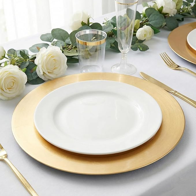 13inch Round Plastic Charger Plates Set of 8,Gold Charger for Dinner Plates,Decorative plates for Wedding,Party,Event Tabletop. (Metallic foil Gold)