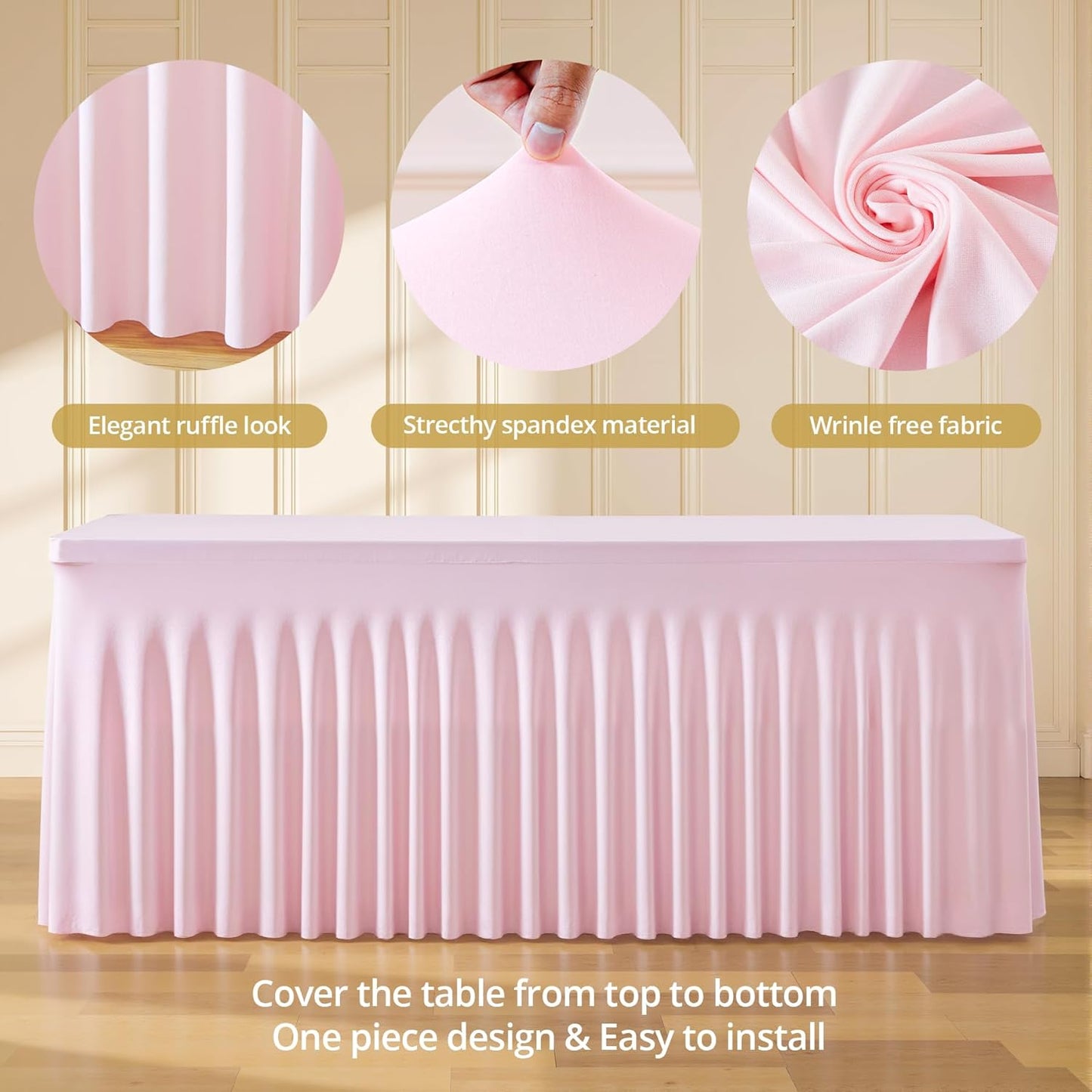 6ft Pink Spandex Tablecloths for Rectangle Tables Wrinkle Free Pink Table Cloth Rectangle Stretch Fitted Table Cover with Skirt for Baby Shower Girl Birthday Party Wedding Banquet Buffet Event