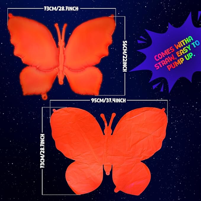 Mega-L Glow in the Dark Party Supplies,5 Pcs Neon Butterfly Balloons Set – Fluorescent Red, Lemon Yellow, Fuchsia, Blue and Orange Balloons Perfect for Birthday, Wedding, Anniversary, Graduation Party
