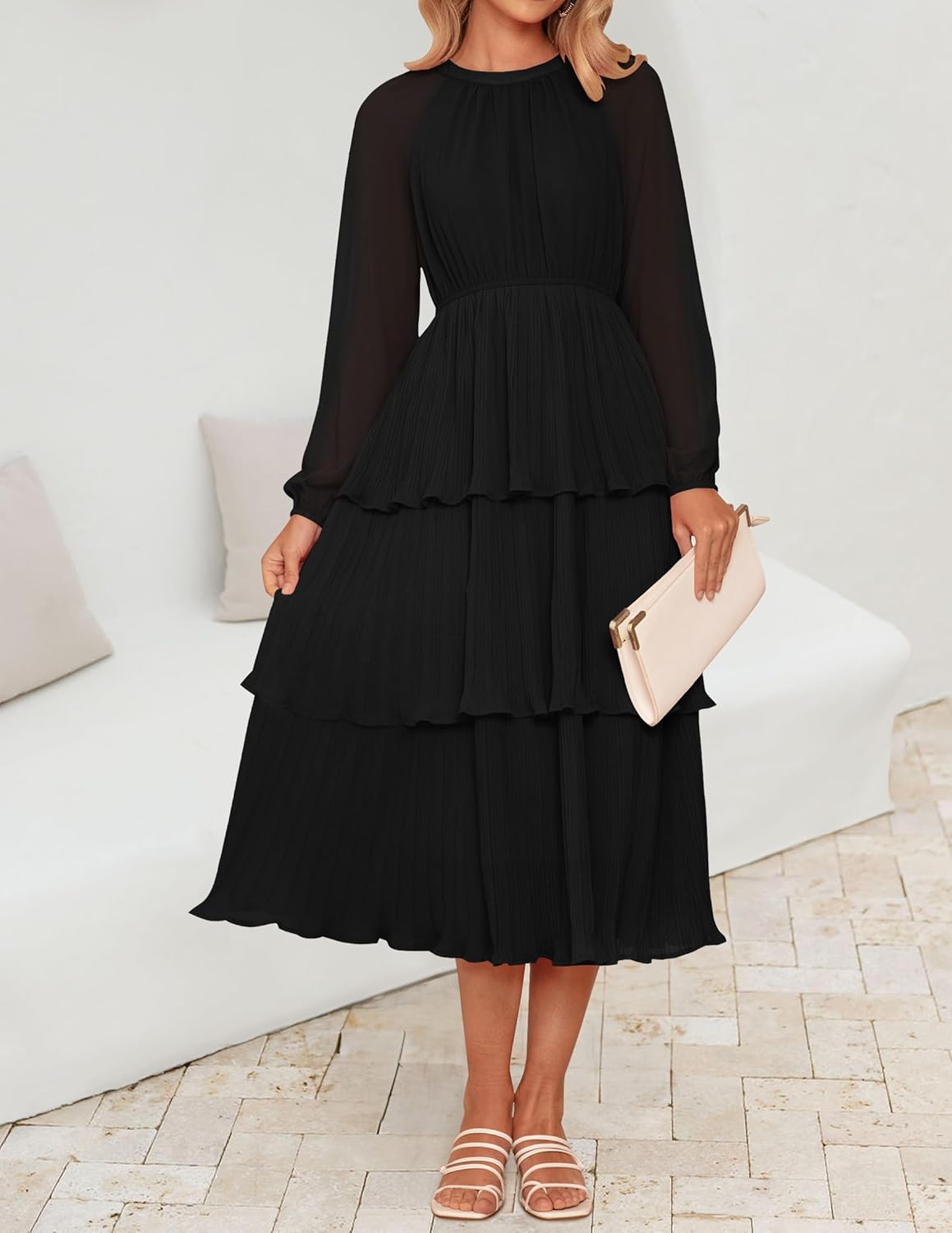 ZESICA Women's 2025 Long Sleeve Crew Neck Ruffle Tiered Layered Chiffon Flowy Swing Long Midi Dress