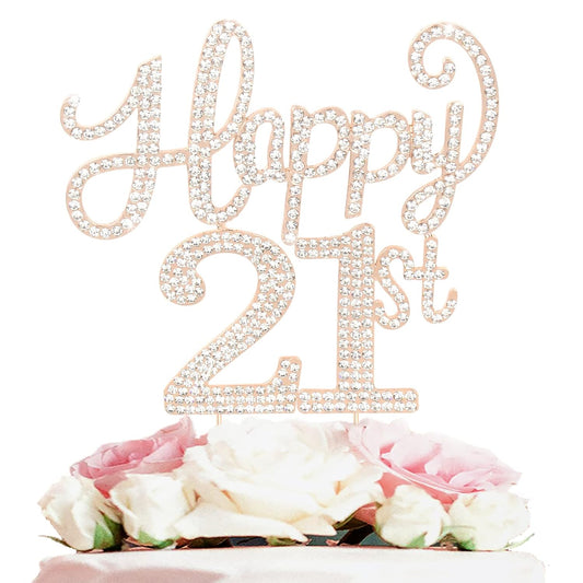 LASKYER Happy 21st Birthday Decorations,21st Birthday Gold Rhinestone Cake Topper - Cheers to 21 Years Old Bday Party Metal Sparkly Cake Centerpieces Sign.
