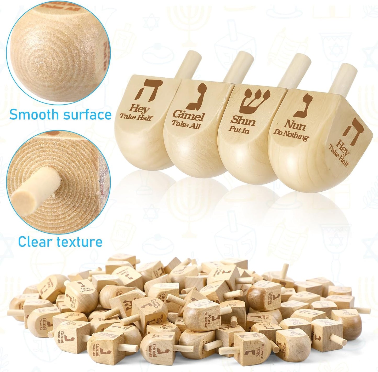 Wettarn 100 Pieces Hanukkah Dreidels Bulk Wooden Hanukkah Dreidels with Game Instruction Cards for Party Game(Size 1,Basic Style)