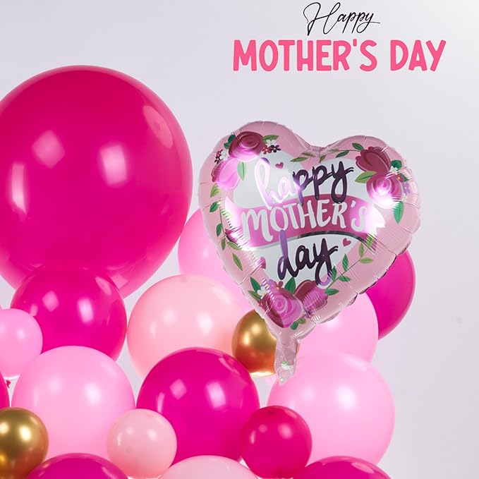 Mothers day Balloon Garland Kit with Pink and Gold Rustic Elegant Party Decorations with Foil Heart Letters Floral Basket Daisy Balloons for Indoor Outdoor Party Supplies