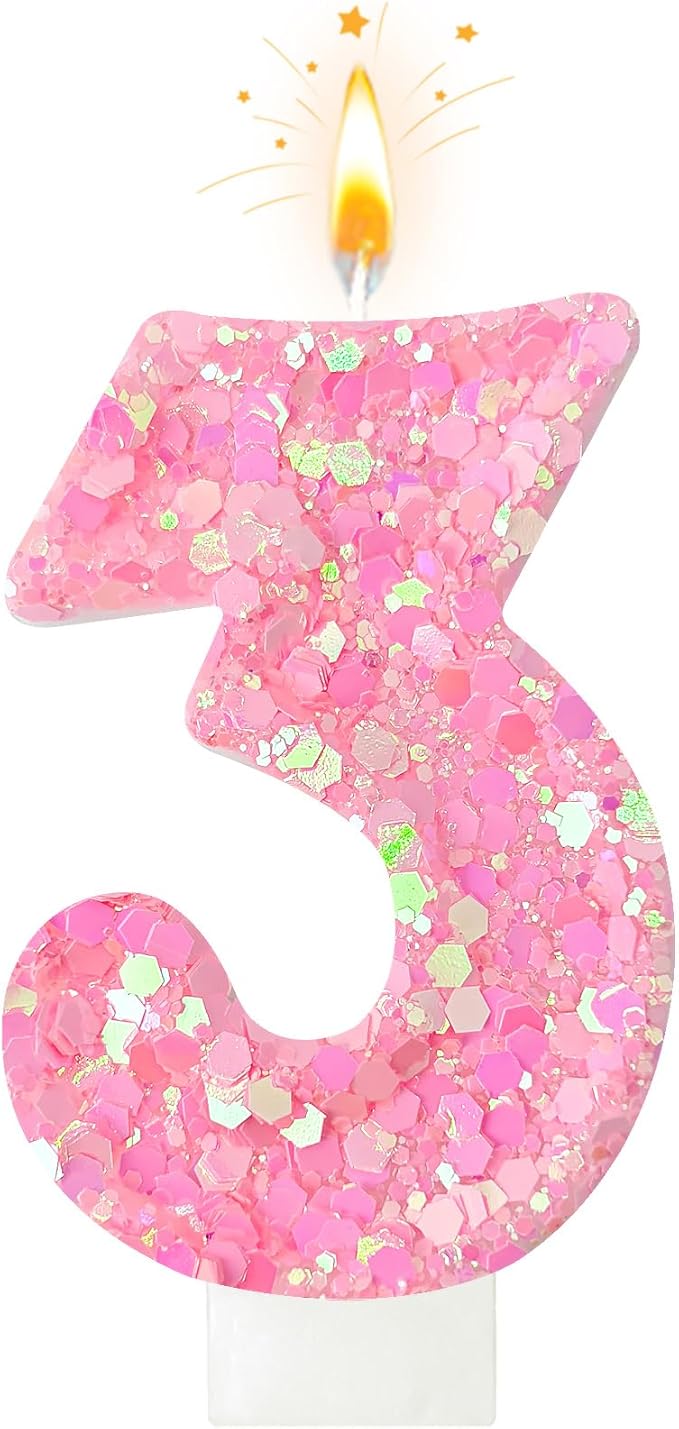 Zailo Birthday Number Candles, Glitter Number Candle Cake Decorations with Sequins, Cupcake Decorations for Girls, Women, Party Anniversary Celebrations (Number 3, Light Pink)