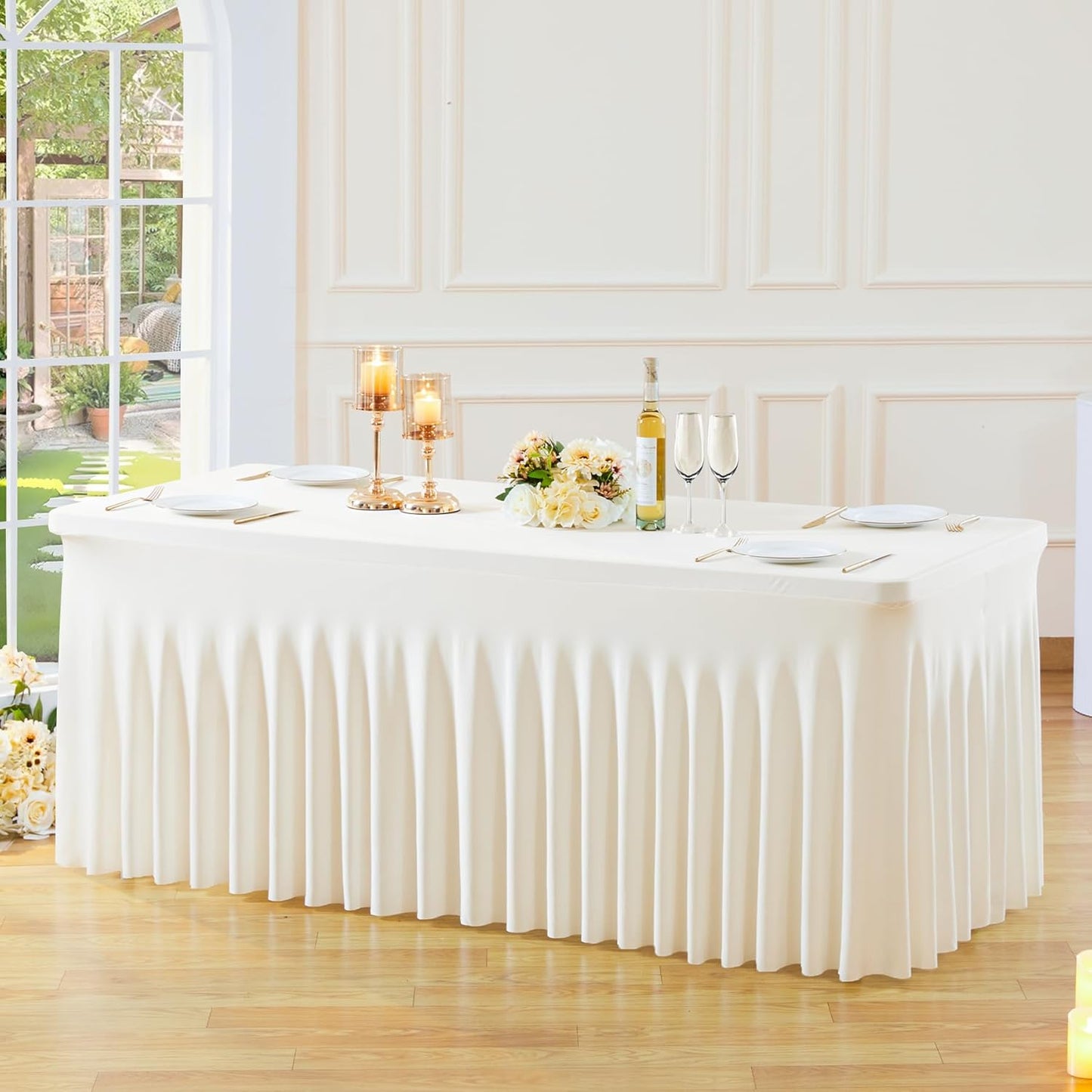 2 Pack Spandex Ivory Fitted Table Cloth for 6ft Rectangle Tables Ivory Stretch Tablecloth Table Covers Banquet Table Clothes Wrinkle Free Table Skirt for Parties Wedding