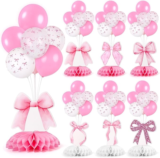 6 Set Pink Bow Birthday Decoration for Table Baby Girl Shower Decorations Pink Bow Balloon Table Centerpiece with Balloons Stand Kit Honeycomb Centerpiece for Girls Birthday Wedding Party Supply
