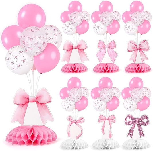 6 Set Pink Bow Birthday Decoration for Table Baby Girl Shower Decorations Pink Bow Balloon Table Centerpiece with Balloons Stand Kit Honeycomb Centerpiece for Girls Birthday Wedding Party Supply