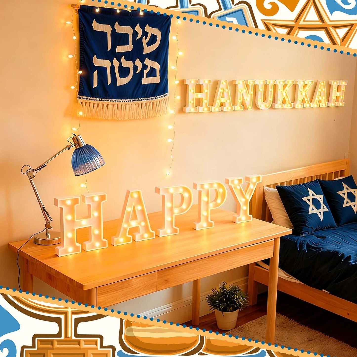 13 Pcs Happy Hanukkah Large LED Letter Sign LED Lights Battery Powered Jewish Table Decoration for Chanukah Party Jerusalem Party Decor