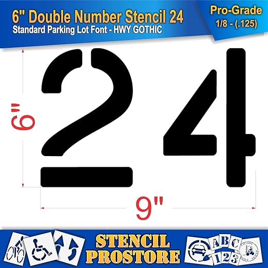 Pavement, Curb, and WheelStop Stencils - 6 inch Double Number Stencil - (24) - 6" x 9" x 1/8" (128 mil) - Pro-Grade