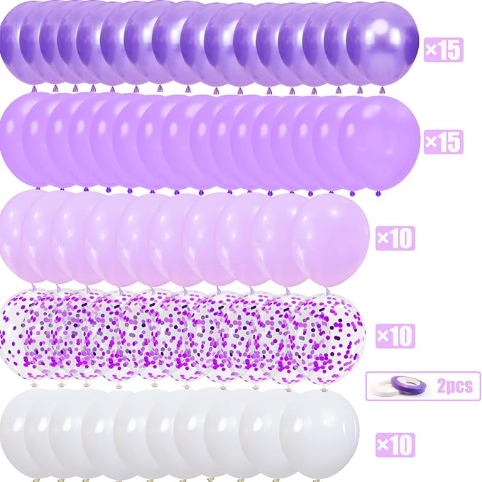 Lavender Purple Balloons, 60 Pcs 12inch Metallic Balloons Lavender Lilac Confetti Balloons with Purple Ribbons Set for Birthday Bridal Shower Wedding Party Decorations