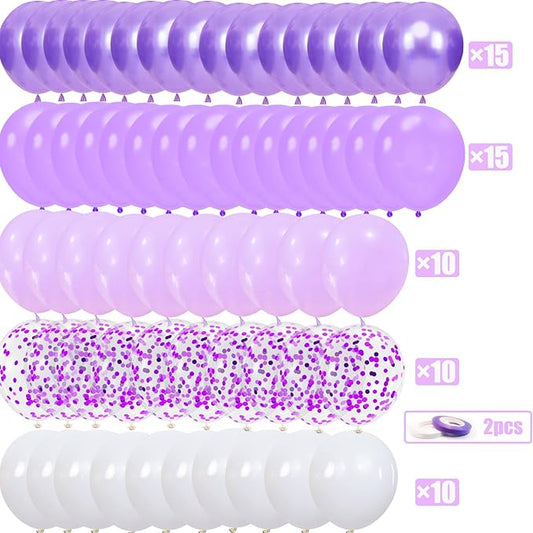 Lavender Purple Balloons, 60 Pcs 12inch Metallic Balloons Lavender Lilac Confetti Balloons with Purple Ribbons Set for Birthday Bridal Shower Wedding Party Decorations