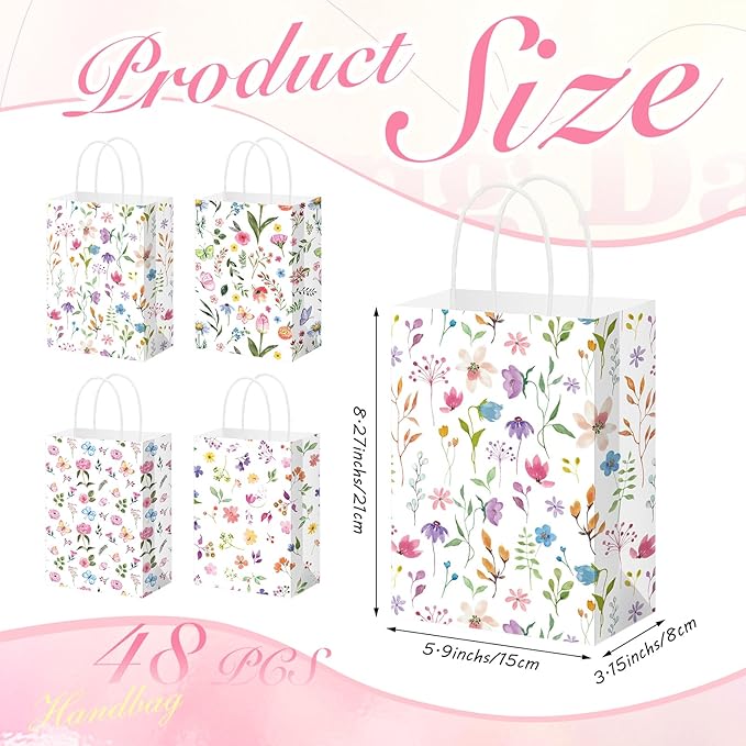 Gilprop 48 Pcs Wildflower Paper Gift Bags Spring Floral Candy Goodie Treat Bags Easter Flower Party Favor Bag with Handle for Mother's Day Birthday Party Bridal Shower Wedding Gift Wrapping Supplies