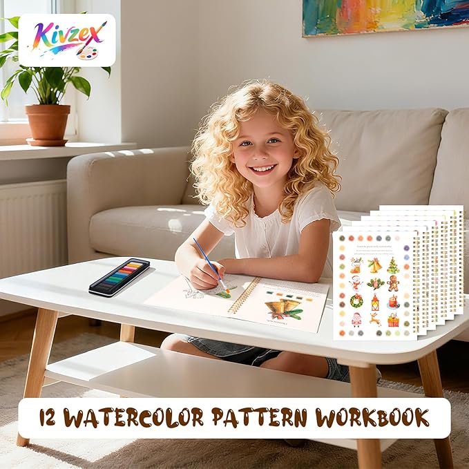 Kivzex Watercolor Workbook for Adults, Beginner Friendly Watercolor Painting Kit Christmas Water Coloring Book, Nature-Themed Practice Art Gift Water Color Paint Book with Palette and Brush
