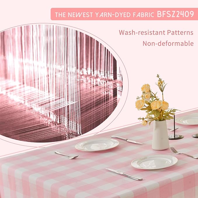 BALCONY & FALCON Rectangle Gingham Table Cloth – Water-Resistant Cotton Blend, Spill-Proof & Washable Checkered Tablecloth for Kitchen, Dining, Picnic, Party (Pink White, 55x95 Inch)