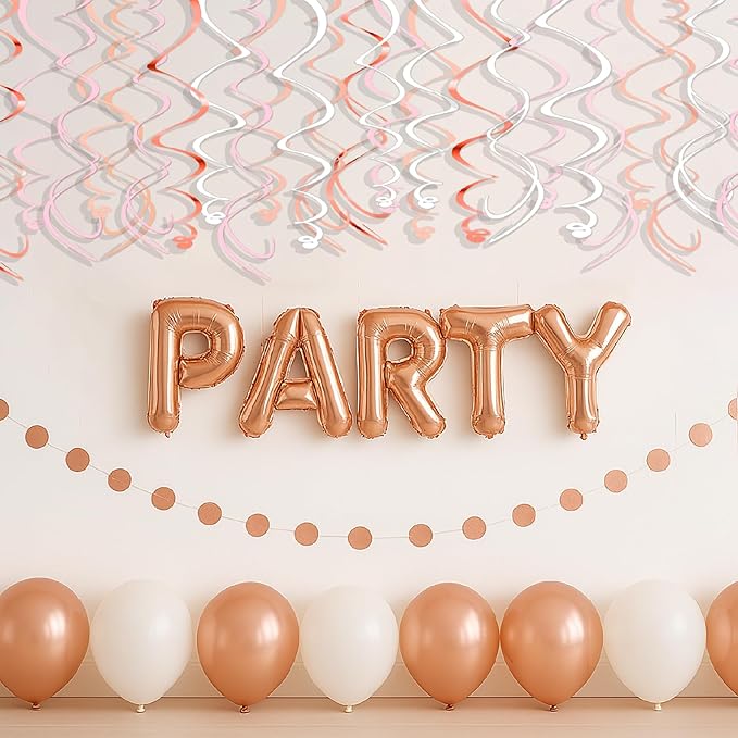 HonuGoGo Pink Hanging Swirl Decorations for Party – 42PCS Rose Gold Foil Ceiling Streamers with Hooks for Birthday, Bridal Shower, Bachelorette, Holiday Celebrations