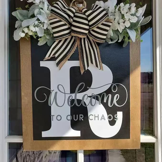 Last Name Year Round Front Door Wreath Front Porch Decoration 26 Letter Welcome Sign with Eucalyptus Garland and Bow Spring Wreaths for Front Door Outside Hanger Garland（R）