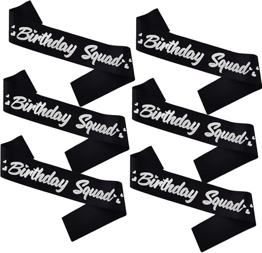6 Pieces Birthday Squad Sash Set Black with Silver Glitter Lettering Birthday Sash for Women Funny Party Favors Decorations for Sweet 16 18th 21st 25th 30th 40th 50th or Other Bday