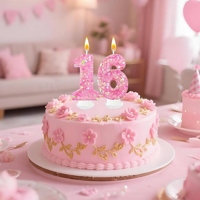 Zailo Birthday Number Candles, Glitter Number Candle Cake Decorations with Sequins, Cupcake Decorations for Girls, Women, Party Anniversary Celebrations (Number 6, Light Pink)