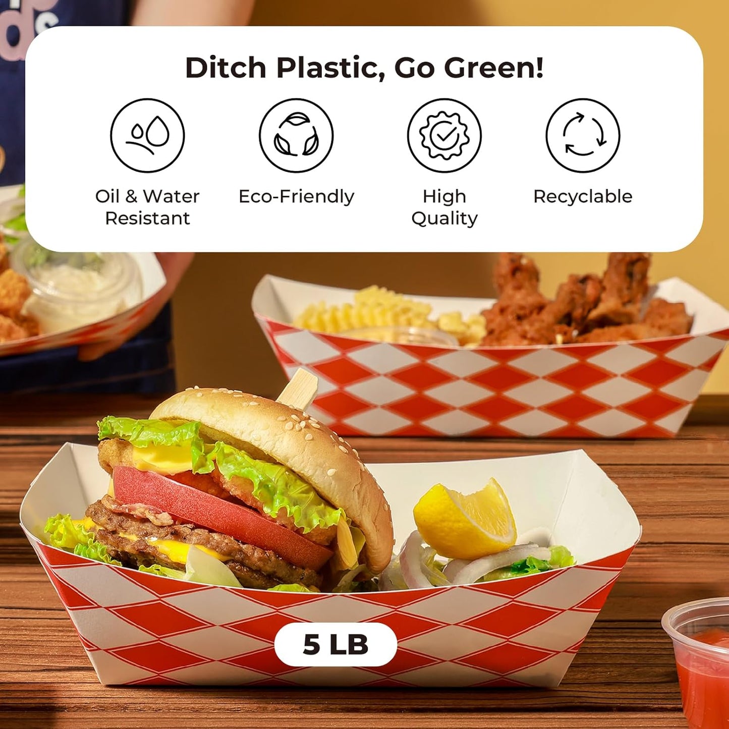 Fit Meal Prep [250 Pack 5 lb Paper Food Trays Heavy Duty Food Paperboard Boat Disposable Red Check Grease Resistant Fast for Parties Fairs Picnics Carnivals, Holds Tacos Nachos Fries
