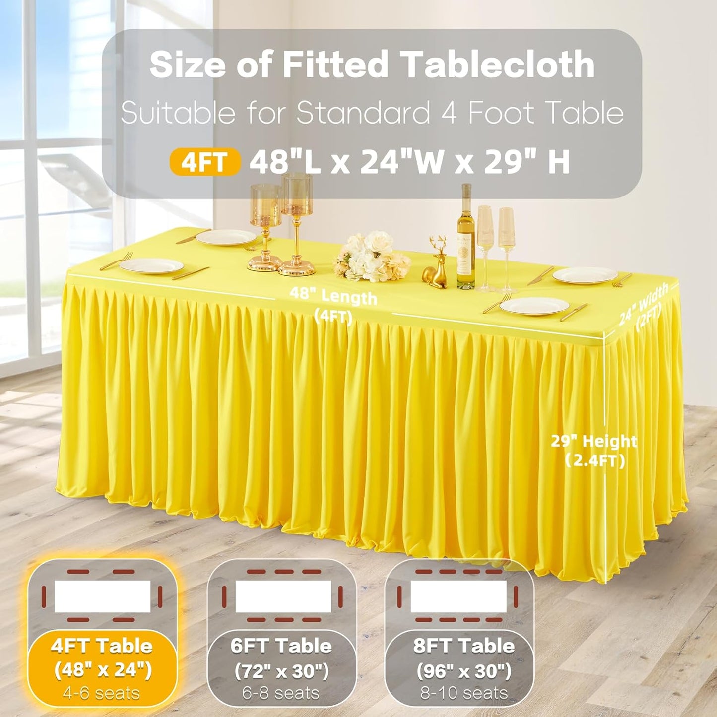 Yellow Polyester Table Clothes for 4 Foot Rectangle Tables, Wrinkle Free Fitted Table Cover with Pleated Ruffle Table Skirt for Birthday Party Wedding Trade Show Event Display