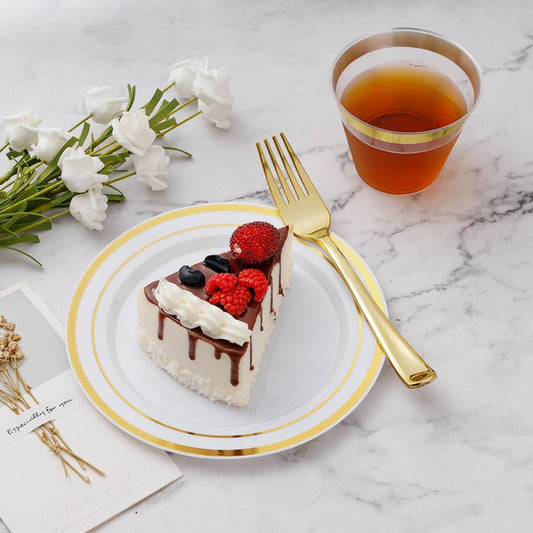 BESTVIP 600PCS Gold Plastic Plate Set (100 Guests), Plastic Plates for Party Wedding Birthday, Disposable Dinnerware Set of 200 Plates, 200 Forks, 100 Spoons, 100 Knives for Christmas, Thanksgiving