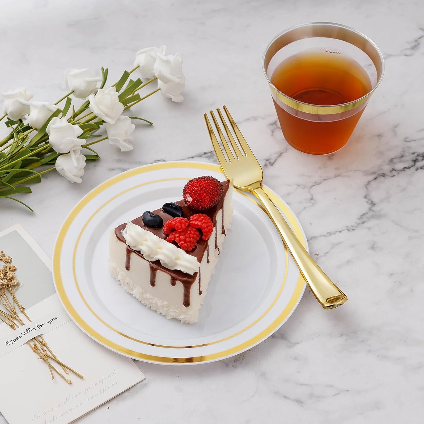 BESTVIP 300PCS Gold Plastic Plate Set (50 Guests), Plastic Plates for Party Wedding Birthday, Disposable Dinnerware Set of 100 Plates, 100 Forks, 50 Spoons, 50 Knives for Christmas, Thanksgiving