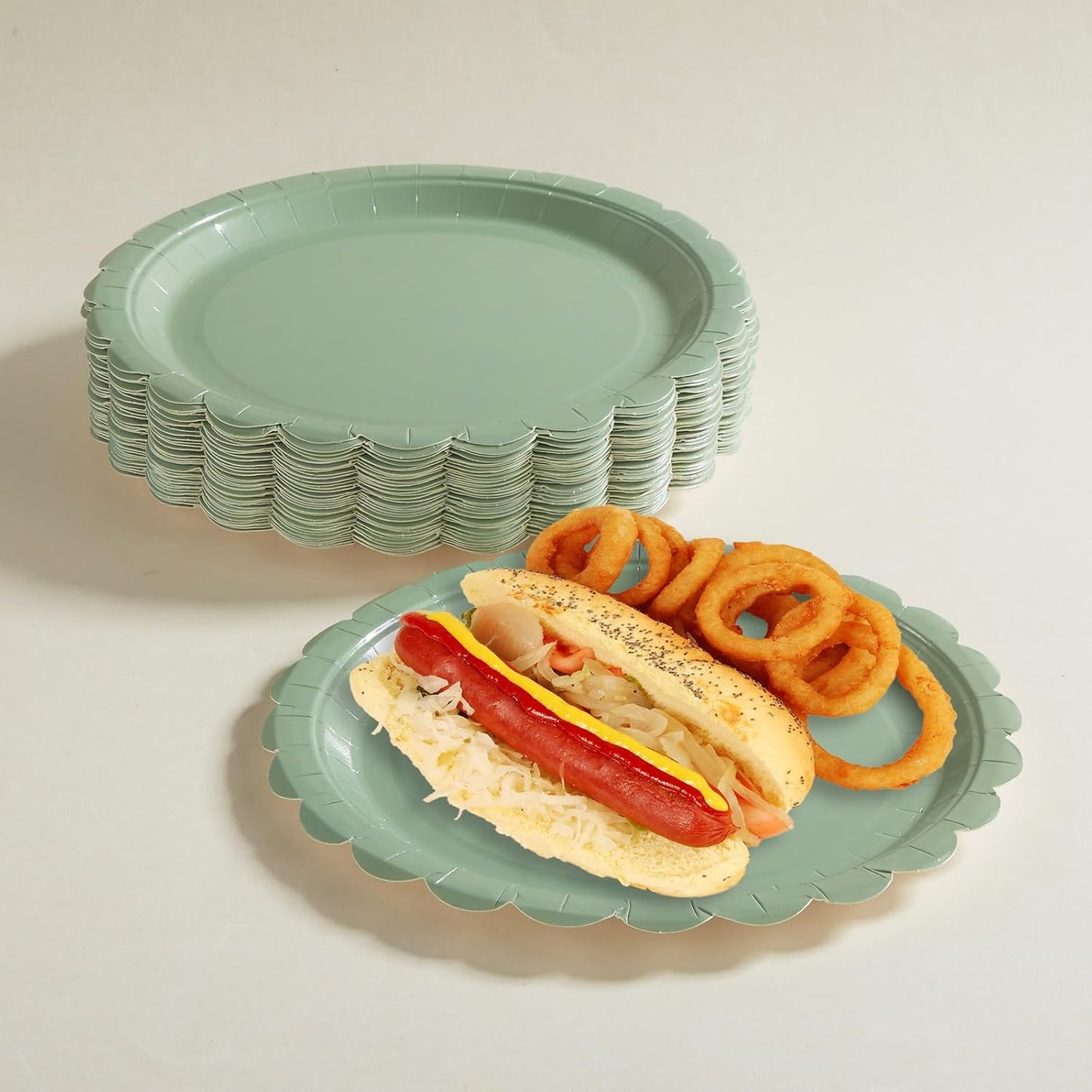 BEFORYOU 50PCS Scalloped Disposable Paper Plates Dessert Cake Party Plates for Baby Shower, Wedding,Bridal Shower Birthday Party Supplies (Sage-Green, 7IN)