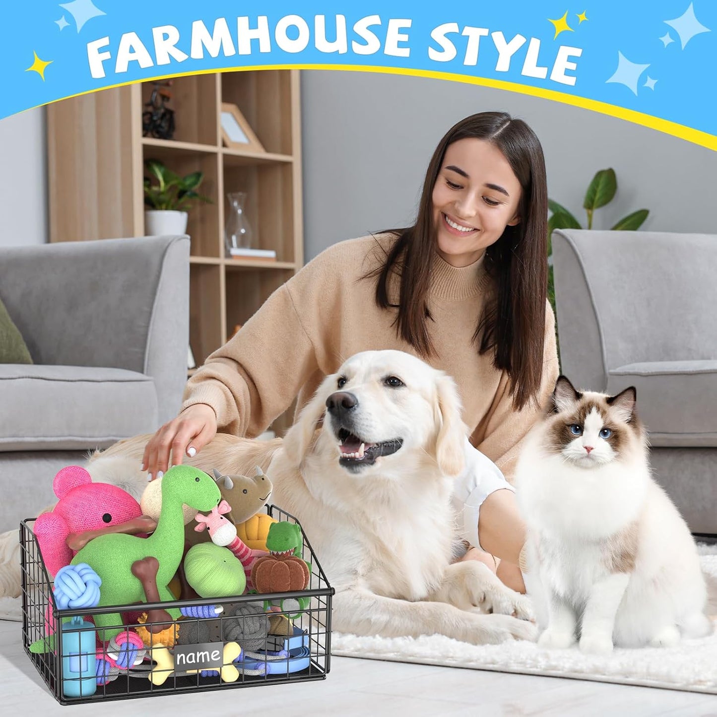Indestructible Dog Toy basket, Small Toy Box for Dogs, Pet Toy Bin Dog Metal Basket for Toys, Toy Storage Organizer, Cat Toy Box for Living Room Area(Black)