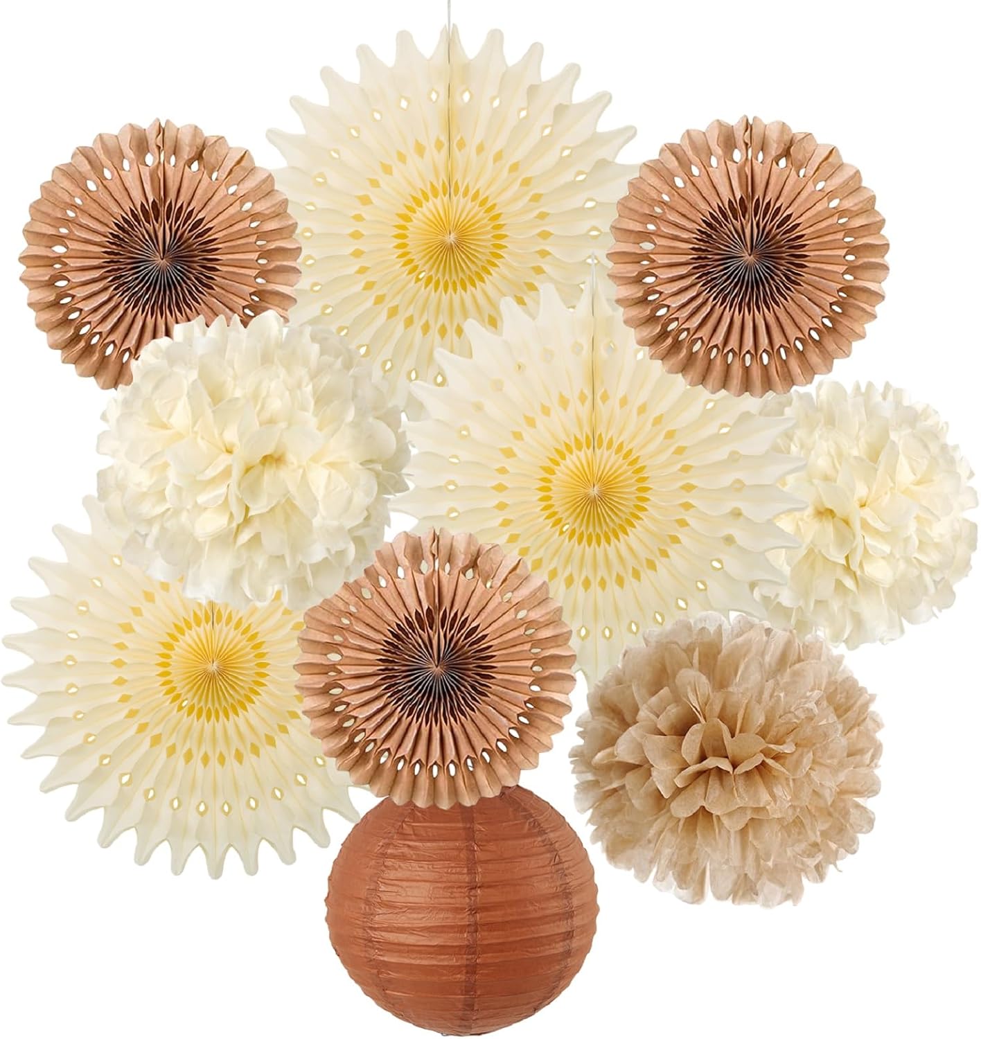 SUNBEAUTY 10 Pcs Brown Party Decorations Rustic Paper Natural Birthday Party Decorations Hanging Lanterns Tissue Paper Pom Poms Cream Folding Fans Kit for Girl Women