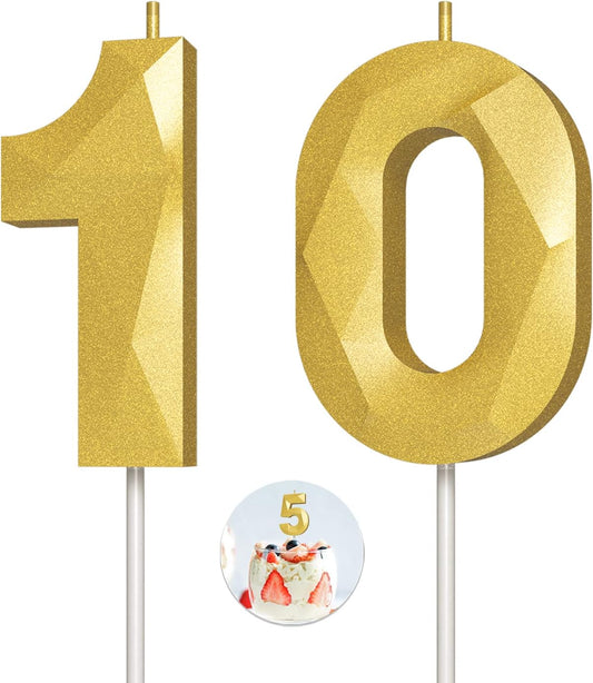 Number Birthday Candles(10 Candle Gold) 3D Diamond Shape Number Happy Birthday Cake Candles for Birthday Party Wedding Decoration Reunions Theme Party