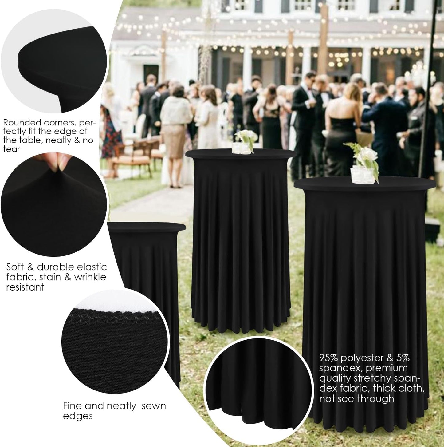 Spandex Cocktail Table Skirt 32x43 Inch Stretch Cocktail Table Cover Round CocktailTablecloth with Wavy Drapes Spandex Fitted High Top Table Covers for Wedding, Banquets and Party (Black, 4 Pack)