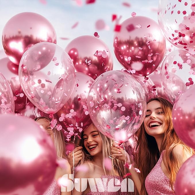 SUWEN Pink Metallic Balloons and Confetti Balloons Set 47PCS Latex Helium Chrome Hot Pink Balloon for Birthday Graduation Anniversary Wedding Party Decorations