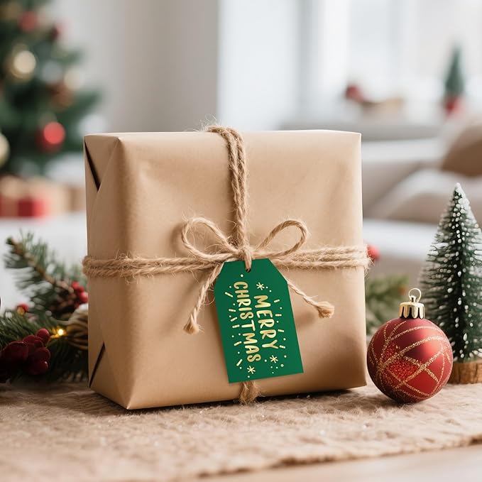 Anwyll Christmas Gift Tags with String - 50Pcs Gold and Green Merry Christmas Tags for Gifts Xmas Gift Tag Happy Holidays Hang Paper Label Tag for Present Wrapping Treat Goodie Bag Holiday Party Favor