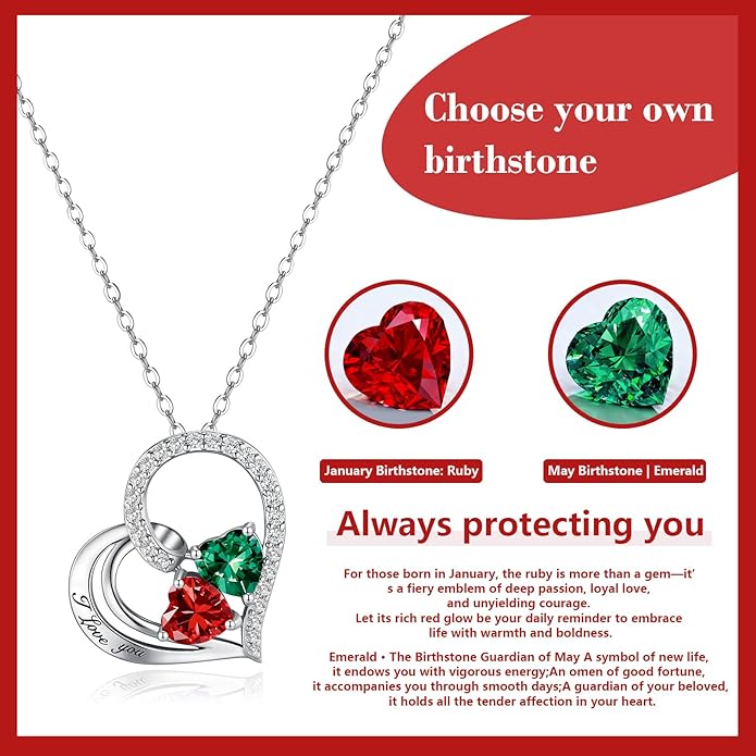 Double Birthstone Heart Necklace 0.8CT Dual-Gemstone S925 Sterling Silver Plated White Gold Engraved I Love You Perfect Anniversary/Valentine's Day Gift for Wife/Girlfriend/Mom/Daughter
